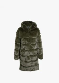 Green Faux Fur Long Line Hooded Coat