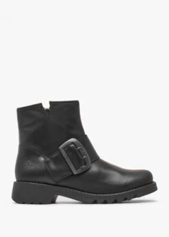 Fly London Rily Black Leather Buckle Ankle Boots