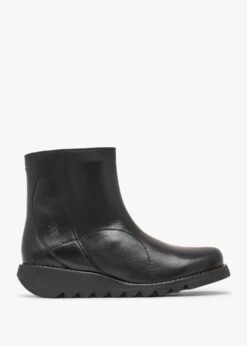 Fly London Sagu Black Leather Low Wedge Ankle Boots