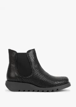 Fly London Salv Black Leather Moc Croc Wedge Chelsea Boots