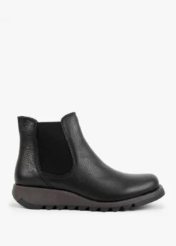 Fly London Salv Black Pebbled Leather Wedge Chelsea Boots