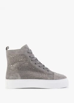 Sellish Grey Suede Crystal Embellished High Top Trainers