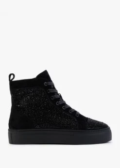 Sellish Black Suede Crystal Embellished High Top Trainers