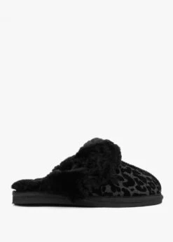 Shut Black Leopard Sheepskin Twinface Slippers