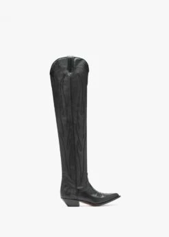 Hermosa Maxi Flower Black Leather Western Over The Knee Boots