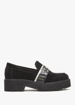 Tia Black Suede Embellished Chunky Loafers