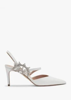 Tidy White Leather Jewelled Heel Pumps