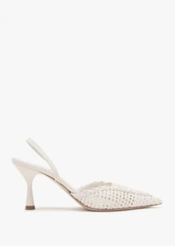 Tiffi White Leather Woven Sling Back Mid Heel Shoes