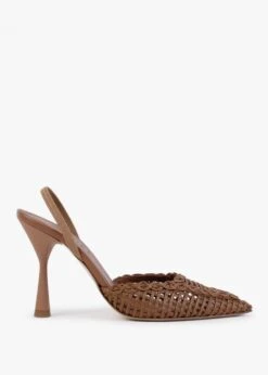 Tiffi Tan Leather Woven Sling Back Heeled Shoes