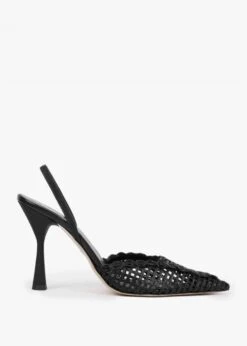 Tiffi Black Leather Woven Sling Back Heeled Shoes