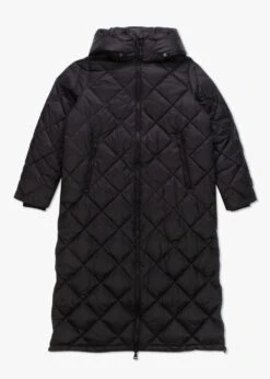 Quilted Black Padded Long Line Hooded Coat