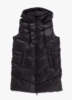 Quilted Black Padded Long Line Hooded Gillet