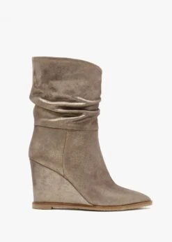 Tully Metallic Taupe Suede Rouched Wedge Calf Boots