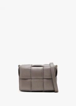 Grey Leather Woven Cross-Body Bag