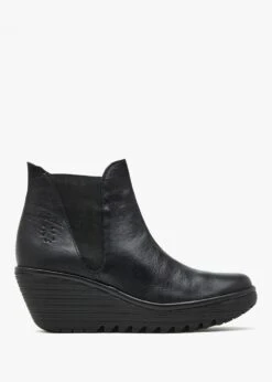 Fly London Woss Black Leather Wedge Ankle Boots