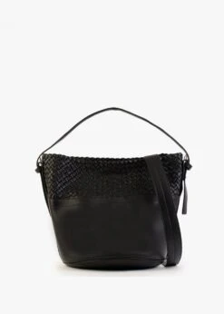 Woven Black Leather Bucket Bag