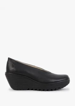 Fly London Yaz Black Leather Wedge Court Shoes