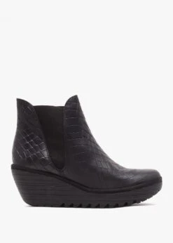 Fly London Yoss Black Leather Moc Croc Wedge Ankle Boots