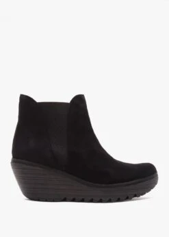 Fly London Yoss Black Suede Wedge Ankle Boots